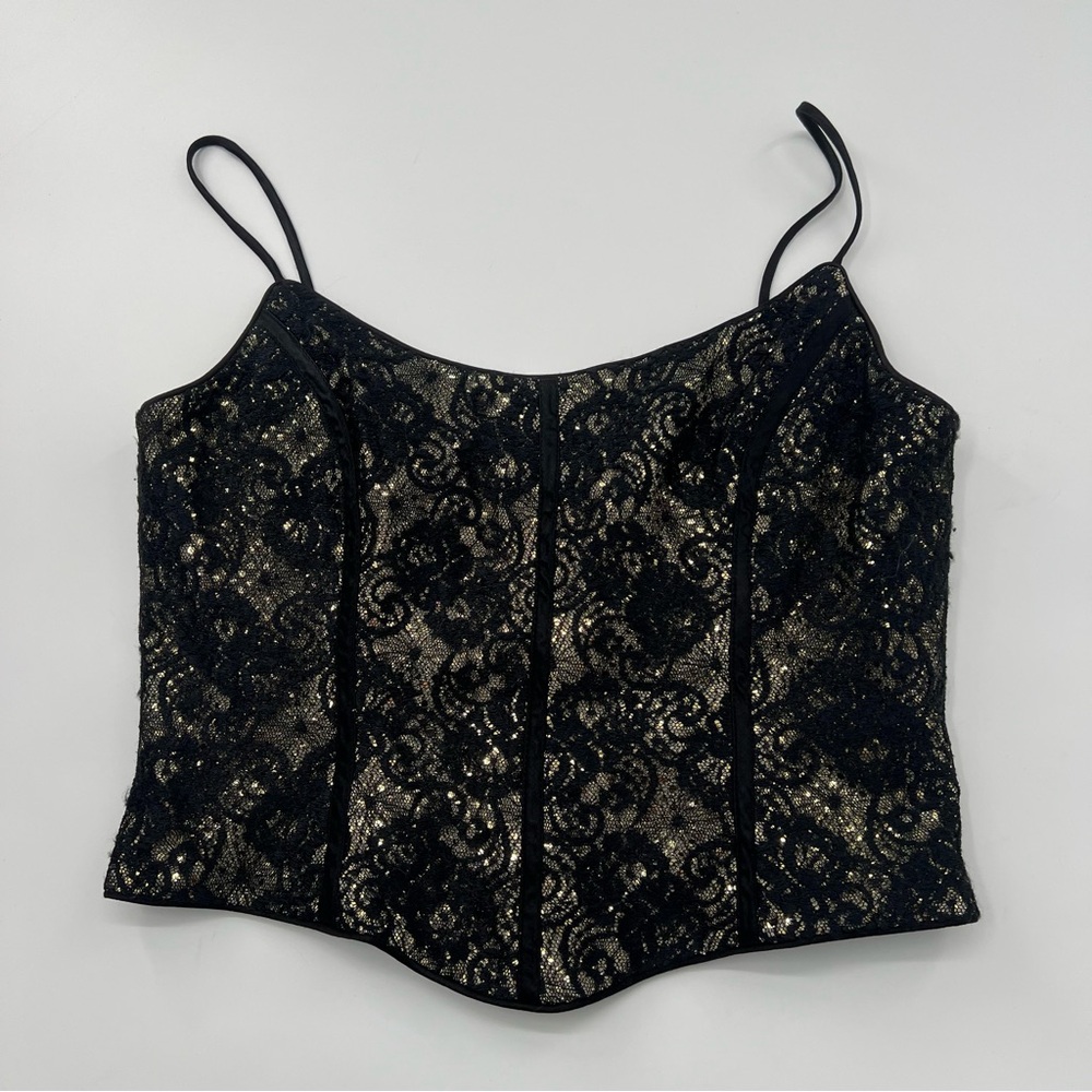 Vintage Jessica McClintock Gunne Sax Black and Gold Glitter Corset Top Women’s